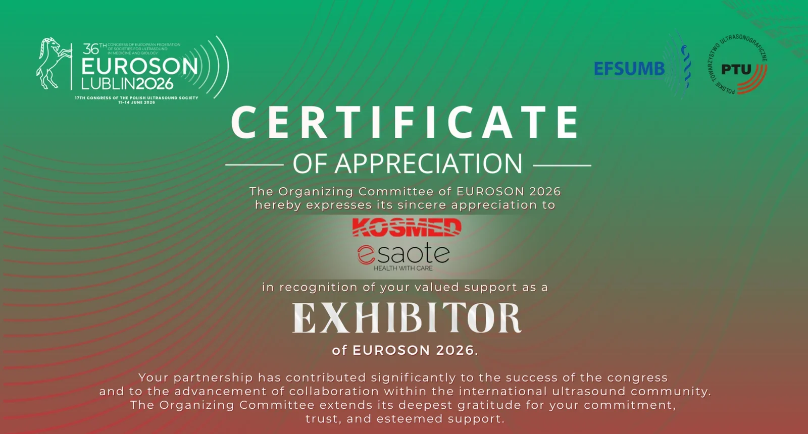 Certificate of Appreciation from the EUROSON 2026 Organizing Committee to KOSMED and Esaote for taking part in the congress as an exhibitor