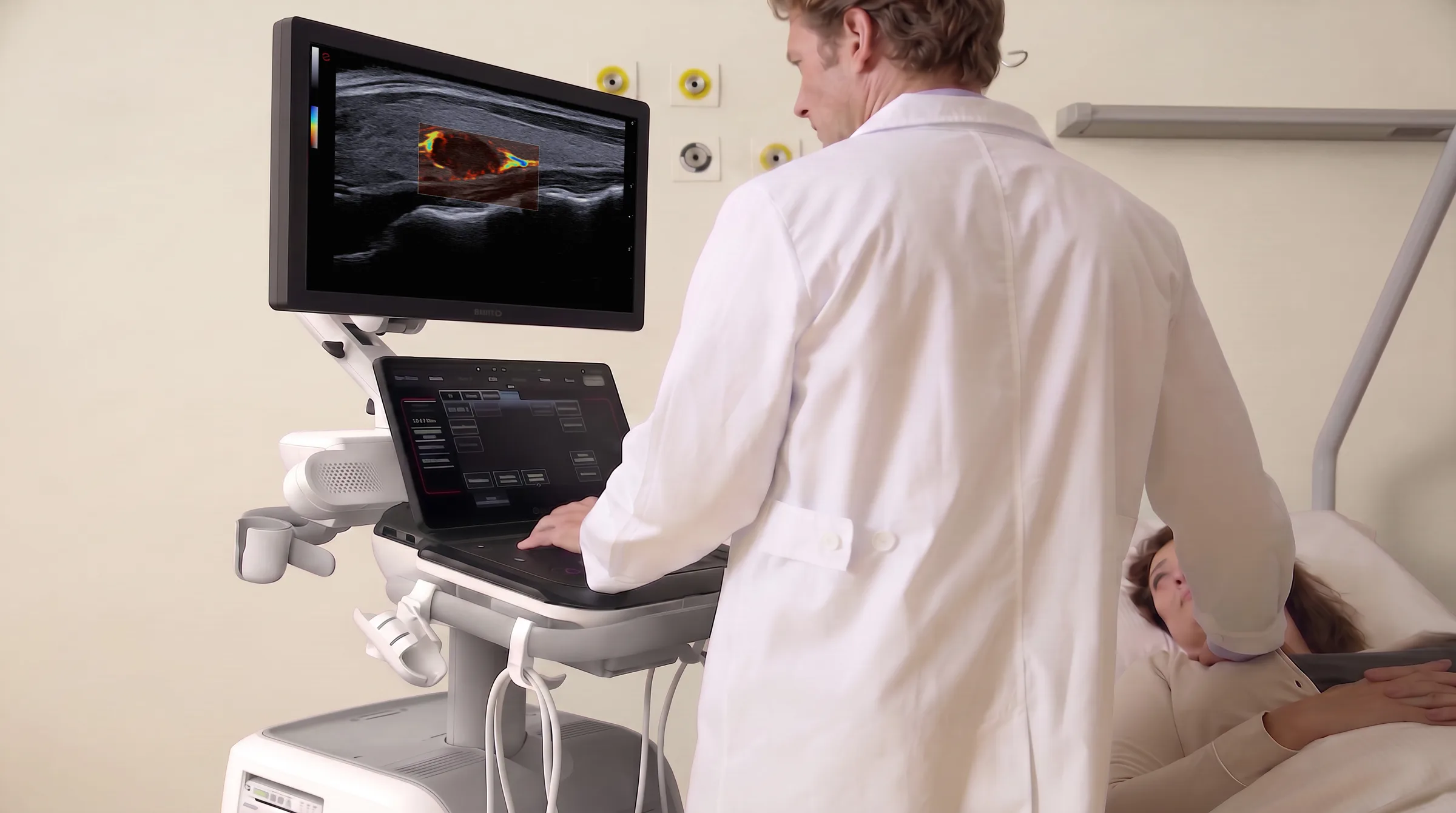 A physician performs an ultrasound examination with an Esaote MyLab system