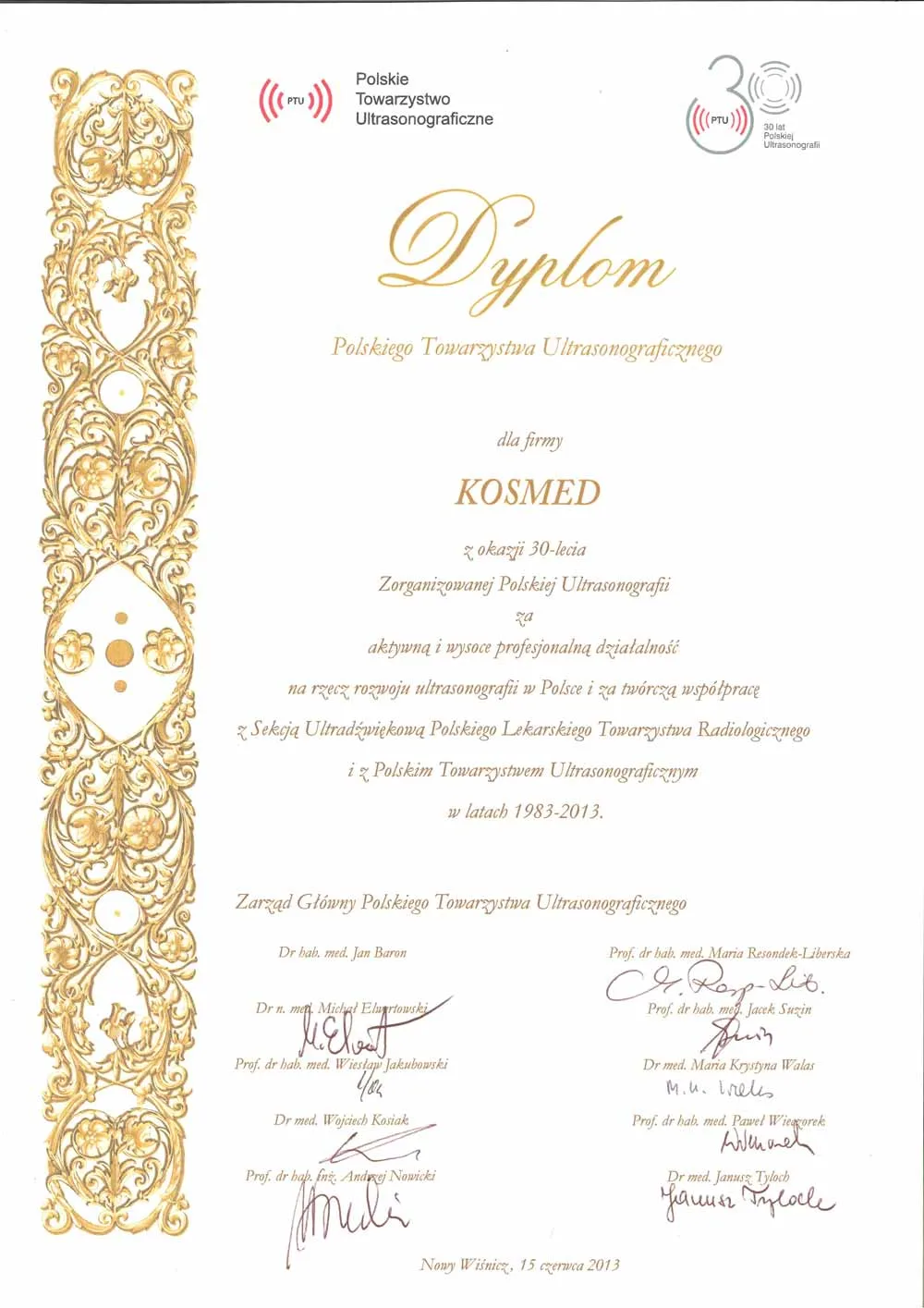 Diploma of the Polish Ultrasound Society awarded to KOSMED